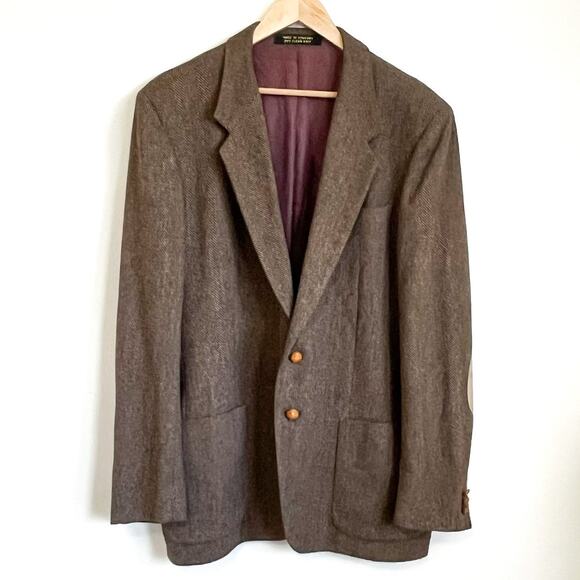 Vintage Tweed Mens Blazer Size 44L Brown Herringbone Preppy Dark Academia Wool - Picture 1 of 10